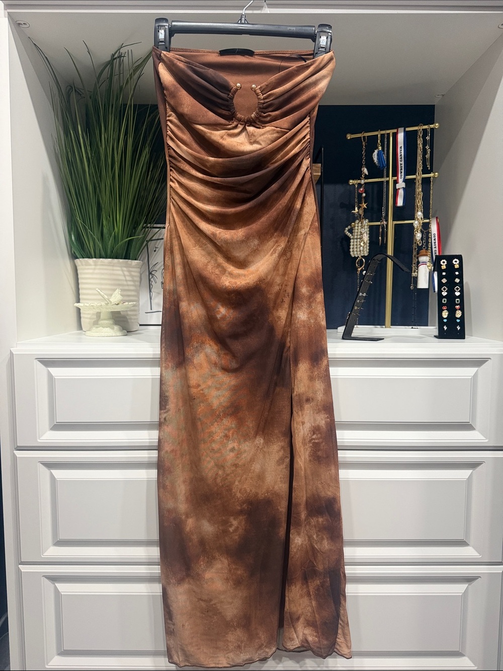 Strapless Brown Satin Evening Gown SZ Small - Picture 1 of 10
